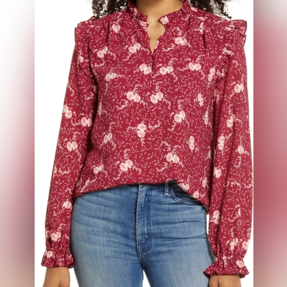 Nwt Rachel Parcell Floral Ruffle Top Burgundy Beet Falling Floral - Picture 15 of 15